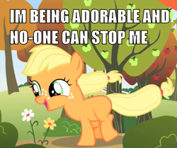 Size: 579x483 | Tagged: safe, edit, edited screencap, screencap, character:applejack, species:earth pony, species:pony, episode:the cutie mark chronicles, g4, my little pony: friendship is magic, and nopony can stop me, apple, blank flank, caption, clothing, cute, female, filly, flower, food, happy, hat, image macro, jackabetes, mare, meme, open mouth, running, smiling, solo, text, windswept mane, younger