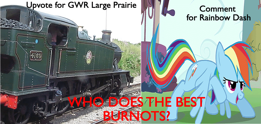 Size: 1100x522 | Tagged: safe, edit, edited screencap, screencap, character:rainbow dash, animated, burnout, misspelling, pawing the ground, poll, steam train