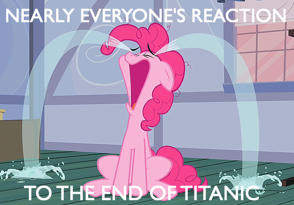 Size: 978x683 | Tagged: safe, edit, edited screencap, screencap, character:pinkie pie, episode:baby cakes, g4, my little pony: friendship is magic, animated, caption, crying, female, lies, solo, titanic