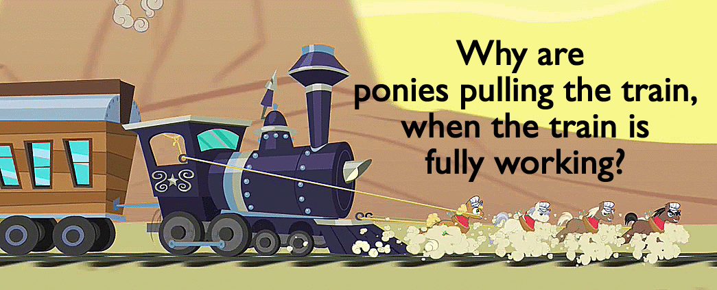 Size: 1045x424 | Tagged: safe, edit, edited screencap, screencap, character:john bull, character:promontory, species:earth pony, species:pony, episode:over a barrel, g4, my little pony: friendship is magic, animated, caboose, evening star, image macro, male, meme, metadrama, rail pony, stallion, train