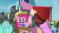 Size: 765x428 | Tagged: safe, edit, edited screencap, screencap, character:pinkie pie, episode:trade ya, g4, my little pony: friendship is magic, bow tie, clothing, demoman, demopan, fake moustache, hat, meme, stout shako, stout shako for two refined, team fortress 2