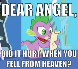 Size: 436x386 | Tagged: safe, edit, edited screencap, screencap, character:angel bunny, character:spike, species:dragon, episode:friendship is magic, g4, my little pony: friendship is magic, angelic bunny, angelspike, caption, demon, gay, heaven, image macro, letter, male, meme, pun, quill, shipping, solo, spike's love letters, subverted meme, tongue out