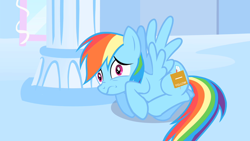 Size: 1280x720 | Tagged: safe, edit, edited screencap, screencap, character:rainbow dash, episode:sonic rainboom, g4, my little pony: friendship is magic, bronycon, cloudsdale, color communications badges, drama, female, solo