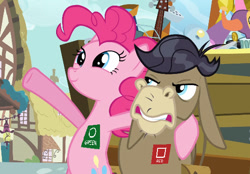 Size: 535x372 | Tagged: safe, edit, edited screencap, screencap, character:cranky doodle donkey, character:pinkie pie, species:donkey, /mlp/, episode:a friend in deed, g4, my little pony: friendship is magic, asan, autism, bipedal, bronycon, color communications badges, cropped, drama, duo, headcanon, hoof around neck, neurodivergent headcanon, wrong