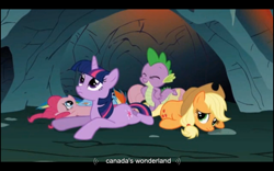 Size: 960x600 | Tagged: safe, edit, edited screencap, screencap, character:applejack, character:fluttershy, character:pinkie pie, character:rainbow dash, character:spike, character:twilight sparkle, episode:a dog and pony show, g4, my little pony: friendship is magic, canada, caption, youtube caption