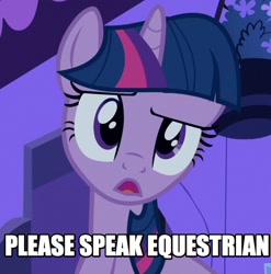 Size: 678x687 | Tagged: safe, edit, edited screencap, screencap, character:twilight sparkle, species:pony, species:unicorn, bust, cropped, female, image macro, language, mare, meme, open mouth, reaction image, solo