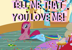 Size: 1036x720 | Tagged: safe, edit, edited screencap, screencap, character:pinkamena diane pie, character:pinkie pie, character:rainbow dash, episode:party of one, g4, my little pony: friendship is magic, season 1, caption, facesitting, image macro, madame leflour, meme, monty python, reference