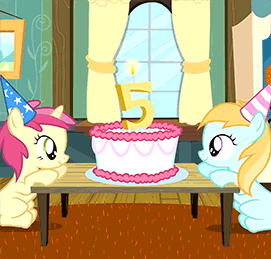 Size: 271x259 | Tagged: safe, edit, screencap, character:cerise bud, character:cheese sandwich, episode:pinkie pride, g4, my little pony: friendship is magic, animated, birthday cake, birthday candle, cake, cerisebetes, female, filly, flapping, foal, fuck physics, gravity, noodle arms, perspective flip, rose petal, rosy gold, rosybetes, stabilized, wiggle