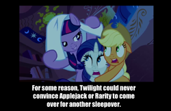Size: 812x525 | Tagged: safe, edit, edited screencap, screencap, character:applejack, character:rarity, character:twilight sparkle, character:twilight sparkle (unicorn), species:earth pony, species:pony, species:unicorn, episode:look before you sleep, g4, my little pony: friendship is magic, female, hug, imminent rape, lidded eyes, mare, scared, screaming, text, this will end in tears, tonight you