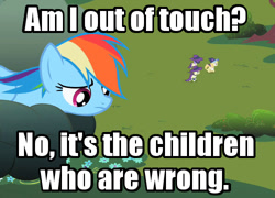 Size: 500x360 | Tagged: safe, edit, screencap, character:mare do well, character:noi, character:rainbow dash, episode:the mysterious mare do well, g4, my little pony: friendship is magic, background pony, image macro, meme, out of touch, skinner, text, the simpsons