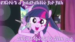 Size: 1280x720 | Tagged: safe, edit, screencap, character:twilight sparkle, episode:a perfect day for fun, equestria girls:rainbow rocks, g4, my little pony: equestria girls, my little pony:equestria girls, bronybait, cute, female, microphone, ponied up, solo, text edit, times new romance