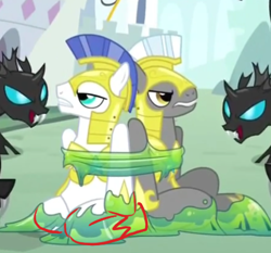 Size: 429x400 | Tagged: safe, edit, edited screencap, screencap, species:changeling, species:pony, episode:a canterlot wedding, g4, my little pony: friendship is magic, analysis, animation error, changeling slime, cropped, incorrect leg anatomy, male, royal guard, stallion