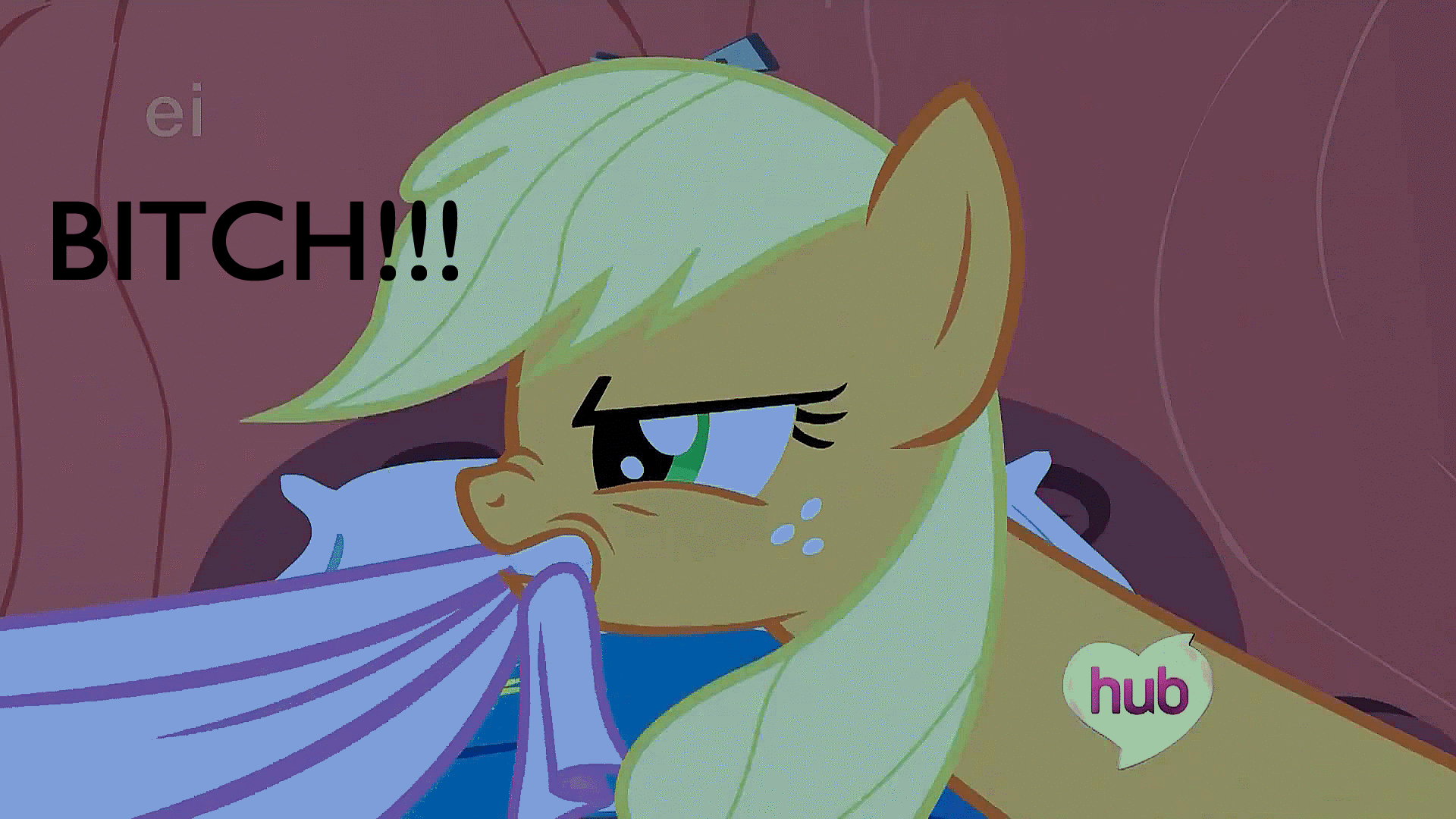 Size: 1920x1080 | Tagged: safe, edit, edited screencap, screencap, character:applejack, character:rarity, species:earth pony, species:pony, species:unicorn, episode:look before you sleep, g4, my little pony: friendship is magic, animated, ei, female, gif, hub logo, mare, one word, text, the hub, vulgar