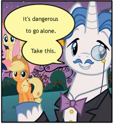Size: 475x515 | Tagged: source needed, safe, edit, edited screencap, screencap, character:applejack, character:fancypants, character:fluttershy, species:pony, episode:sweet and elite, g4, my little pony: friendship is magic, dialogue, holding a pony, it's dangerous to go alone, meme, pixelated, speech bubble, take this, the legend of zelda