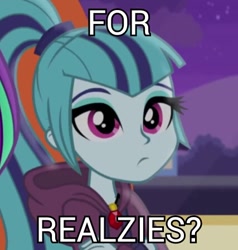 Size: 427x448 | Tagged: safe, edit, edited screencap, screencap, character:aria blaze, character:sonata dusk, equestria girls:rainbow rocks, g4, my little pony: equestria girls, my little pony:equestria girls, bust, caption, catchphrase, clothing, crossed arms, cute, female, for real, for realzies, frown, gem, image macro, looking at you, meme, meme origin, ponytail, realzies, siren gem, solo focus, sonatabetes, youtube link