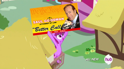 Size: 842x468 | Tagged: safe, edit, edited screencap, screencap, character:berry punch, character:berryshine, episode:testing testing 1-2-3, g4, my little pony: friendship is magic, all new, berry's sign, better call saul, breaking bad, exploitable, exploitable meme, female, hub logo, meme, saul goodman, solo