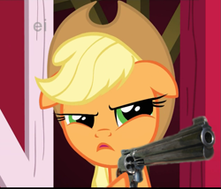 Size: 849x726 | Tagged: safe, edit, edited screencap, screencap, character:applejack, episode:party of one, g4, my little pony: friendship is magic, cropped, delet this, female, gun, revolver, solo, weapon