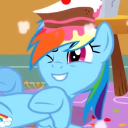Size: 1024x1024 | Tagged: safe, edit, screencap, character:rainbow dash, episode:party of one, g4, my little pony: friendship is magic, cake, cropped, female, gritted teeth, inverted mouth, one eye closed, smiling, solo, stool, the cake is a lie