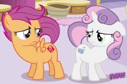 Size: 1026x686 | Tagged: safe, edit, edited screencap, screencap, character:scootaloo, character:sweetie belle, species:pegasus, species:pony, species:unicorn, sweetie bot, episode:ponyville confidential, g4, my little pony: friendship is magic, alternate cutie mark, apple (company), chick-fil-a, cutie mark, female, filly, floppy ears, foal, hooves, horn, logo, raised tail, robot, robot pony, scootachicken, spread wings, tail, wings