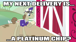 Size: 1278x718 | Tagged: safe, edit, edited screencap, screencap, character:post haste, episode:the last roundup, g4, my little pony: friendship is magic, caption, courier, fallout, fallout: new vegas, image macro, pony courier