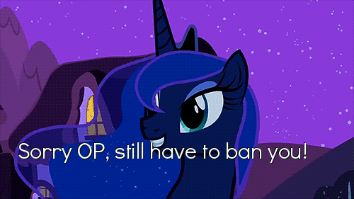 Size: 500x281 | Tagged: safe, edit, edited screencap, screencap, character:princess luna, species:alicorn, species:pony, episode:luna eclipsed, g4, my little pony: friendship is magic, animated, banned, caption, female, gif, grin, image macro, mare, meme, meta, op, smiling, solo, talking, text, the fun has been doubled
