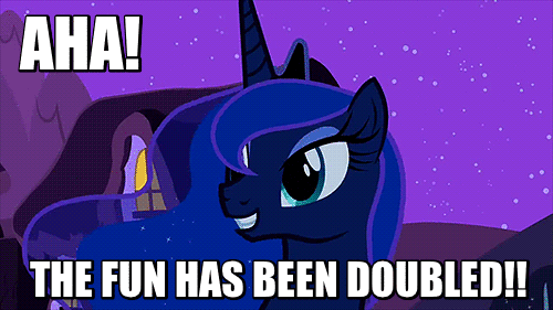 Size: 500x281 | Tagged: safe, edit, edited screencap, screencap, character:princess luna, species:alicorn, species:pony, episode:luna eclipsed, g4, my little pony: friendship is magic, animated, caption, cute, female, gif, image macro, impact font, lunabetes, mare, meme, text, the fun has been doubled