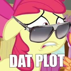 Size: 715x715 | Tagged: safe, edit, edited screencap, screencap, character:apple bloom, character:scootaloo, species:earth pony, species:pegasus, species:pony, dat butt, female, filly, floppy ears, image macro, lip bite, meme, reaction image, solo focus, sunglasses