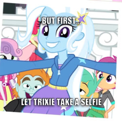 Size: 534x534 | Tagged: safe, edit, edited screencap, screencap, character:scootaloo, character:snails, character:snips, character:sweetie belle, character:trixie, species:pegasus, species:pony, equestria girls:rainbow rocks, g4, my little pony: equestria girls, my little pony:equestria girls, caption, clothing, female, image macro, meme, photobomb, photobombing trixie, selfie, trixie yells at everything