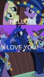 Size: 276x477 | Tagged: safe, edit, edited screencap, screencap, character:fluttershy, character:princess luna, character:twilight sparkle, episode:luna eclipsed, g4, my little pony: friendship is magic, chocolate with nuts, clothing, comic, costume, i love you, nightmare night costume, screencap comic, spongebob squarepants, star swirl the bearded costume