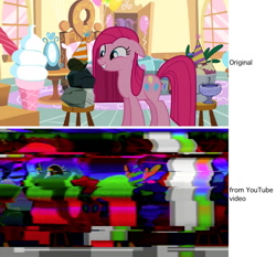 Size: 1029x961 | Tagged: safe, edit, edited screencap, screencap, character:pinkamena diane pie, character:pinkie pie, episode:party of one, g4, my little pony: friendship is magic, distortion, glitch, mr. turnip, rocky, wat