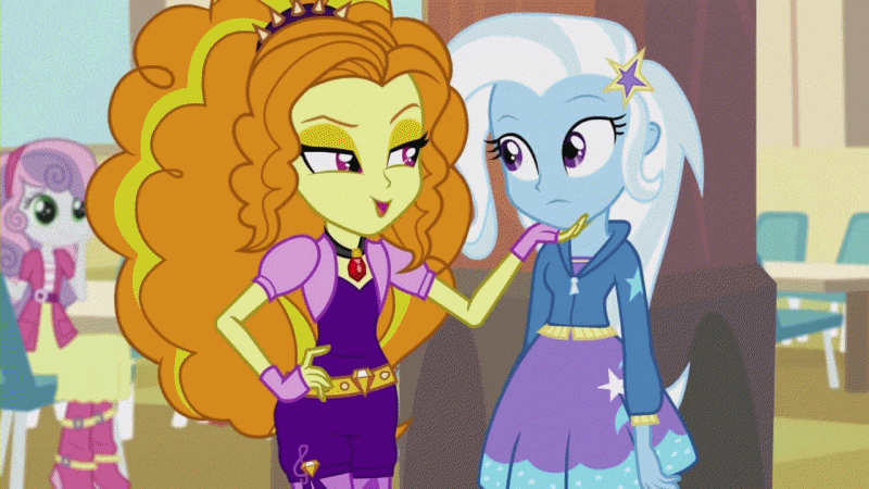 Size: 800x450 | Tagged: safe, edit, edited screencap, screencap, character:adagio dazzle, character:sweetie belle, character:trixie, ship:triagio, equestria girls:rainbow rocks, g4, my little pony: equestria girls, my little pony:equestria girls, adagio dazzle gets around, animated, bedroom eyes, female, gem, grin, lesbian, shipping, siren gem, wide eyes