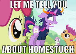 Size: 789x558 | Tagged: safe, edit, edited screencap, screencap, character:apple bloom, character:scootaloo, character:sweetie belle, character:twilight sparkle, species:earth pony, species:pegasus, species:pony, species:unicorn, episode:lesson zero, g4, my little pony: friendship is magic, cutie mark crusaders, female, filly, homestuck, image macro, mare, twilight snapple