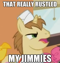 Size: 310x330 | Tagged: safe, edit, edited screencap, screencap, character:donut joe, character:pinkie pie, species:earth pony, species:pony, species:unicorn, episode:mmmystery on the friendship express, g4, my little pony: friendship is magic, female, image macro, jimmies, male, mare, meme, rustled my jimmies, solo focus, stallion