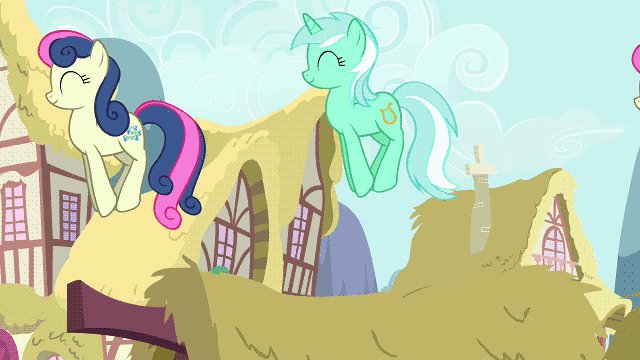 Size: 640x360 | Tagged: safe, edit, edited screencap, screencap, character:bon bon, character:lyra heartstrings, character:sweetie drops, episode:a friend in deed, g4, my little pony: friendship is magic, animated, bon bon is amused, bouncing, duo, happy, hopping, loop, lyra is amused, multeity, rooftop, smile song