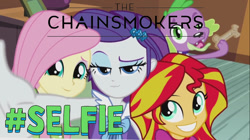 Size: 1280x716 | Tagged: safe, edit, edited screencap, screencap, character:fluttershy, character:rarity, character:spike, character:sunset shimmer, species:dog, equestria girls:rainbow rocks, g4, my little pony: equestria girls, my little pony:equestria girls, #selfie, harem, photobomb, selfie, spike gets all the mares, spike the dog, the chainsmokers