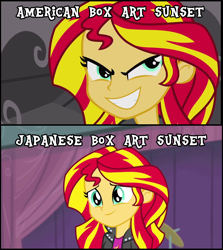 Size: 808x905 | Tagged: safe, edit, edited screencap, screencap, character:sunset shimmer, equestria girls:rainbow rocks, g4, my little pony: equestria girls, my little pony:equestria girls, american kirby is hardcore, comparison, evil, female, image macro, kirby, meme, reformed, smiling, tv tropes, when she smiles