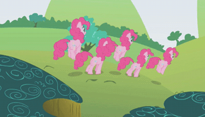 Size: 400x229 | Tagged: safe, edit, edited screencap, screencap, character:pinkie pie, species:earth pony, species:pony, episode:griffon the brush-off, g4, my little pony: friendship is magic, animated, female, mare, multeity, too much pink energy is dangerous, xk-class end-of-the-world scenario