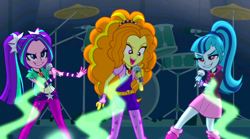 Size: 1280x710 | Tagged: safe, edit, edited screencap, screencap, character:adagio dazzle, character:aria blaze, character:sonata dusk, equestria girls:rainbow rocks, g4, my little pony: equestria girls, my little pony:equestria girls, amulet, drums, empowerment, evil grin, female, gem, grin, hypnosis, jewelry, microphone, negative energy, singing, siren gem, sleeveless, smiling, trio, under our spell