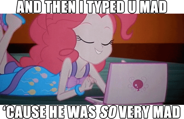Size: 600x387 | Tagged: safe, edit, edited screencap, screencap, character:pinkie pie, equestria girls:rainbow rocks, g4, my little pony: equestria girls, my little pony:equestria girls, animated, balloon, bracelet, caption, clothing, computer, hue, image macro, jewelry, laptop computer, pinkie pie laptop, reaction image, slippers, text, trolling, typing, u mad