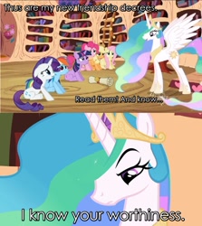 Size: 816x915 | Tagged: safe, edit, edited screencap, screencap, character:applejack, character:fluttershy, character:pinkie pie, character:princess celestia, character:rainbow dash, character:rarity, character:twilight sparkle, episode:lesson zero, g4, my little pony: friendship is magic, henry v, image macro, mane six, meme, misspelling, quote, shakespeare, this will end in death, treason, william shakespeare
