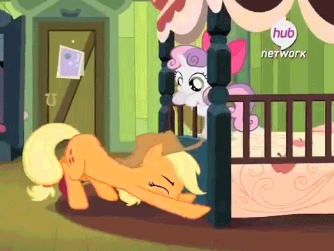 Size: 480x360 | Tagged: safe, edit, edited screencap, screencap, character:applejack, character:smarty pants, character:sweetie belle, species:pony, episode:somepony to watch over me, g4, my little pony: friendship is magic, animated, apple bloom's bow, applejack's hat, bow, clothing, cowboy hat, derp, doll, exploitable meme, female, filly, flattened, foal, funny, funny as hell, grimderp, hair bow, hat, home sweet pineapple, hub logo, hubble, loop, mare, meme, spider, spongebob squarepants, the hub, toy, under the bed