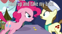 Size: 955x536 | Tagged: safe, edit, edited screencap, screencap, character:pinkie pie, character:roma, episode:putting your hoof down, g4, my little pony: friendship is magic, bits, futurama, meme, reaction image, roma, shut up and take my money