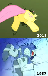 Size: 330x520 | Tagged: safe, edit, edited screencap, screencap, character:fluttershy, species:pony, episode:the return of harmony, g4, my little pony: friendship is magic, butt, buttstuck, comparison, cropped, galvatron, plot, stuck, transformers, transformers the headmasters