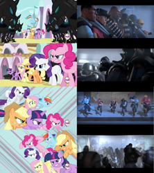 Size: 1268x1428 | Tagged: safe, edit, edited screencap, screencap, character:applejack, character:fluttershy, character:pinkie pie, character:rainbow dash, character:rarity, character:twilight sparkle, species:changeling, episode:a canterlot wedding, g4, my little pony: friendship is magic, disguise, disguised changeling, hub logo, mane six, team fortress 2