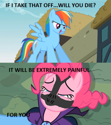 Size: 635x718 | Tagged: safe, edit, edited screencap, screencap, character:mare do well, character:pinkie pie, character:rainbow dash, episode:the mysterious mare do well, g4, my little pony: friendship is magic, bane, baneposting, batman, bill wilson, caption, cia (batman), duo, meme, the dark knight rises