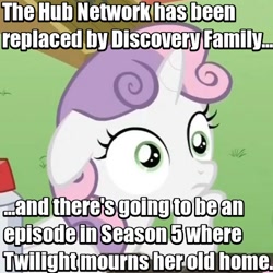Size: 500x500 | Tagged: safe, edit, edited screencap, screencap, character:sweetie belle, episode:castle sweet castle, g4, my little pony: friendship is magic, discovery family, exploitable meme, hub drama, image macro, meme, mind blown, observation, sudden clarity sweetie belle, the hub