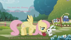 Size: 2048x1153 | Tagged: safe, edit, edited screencap, screencap, character:angel bunny, character:fluttershy, character:princess luna, species:pegasus, species:pony, species:rabbit, ship:angelshy, animal, apple, bloodhound gang, dialogue, discovery family, dream walker luna, female, food, implied sex, innuendo, lyrics, male, mare, parody, shipping, song reference, straight, the bad touch