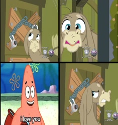 Size: 1307x1389 | Tagged: safe, edit, edited screencap, screencap, character:cranky doodle donkey, species:donkey, episode:a friend in deed, g4, my little pony: friendship is magic, chocolate with nuts, funny, funny as hell, hub logo, i love you, image macro, meme, patrick star, spongebob squarepants