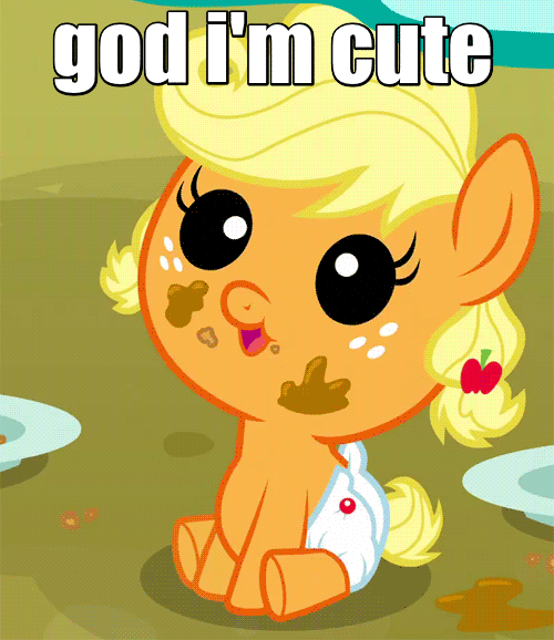 Size: 500x578 | Tagged: safe, edit, screencap, character:applejack, species:earth pony, species:pony, episode:apple family reunion, g4, my little pony: friendship is magic, animated, baby, baby pony, babyjack, blep, blinking, cute, female, god that's cute, image macro, jackabetes, meme, sitting, solo, text, tongue out