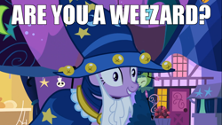 Size: 1366x768 | Tagged: safe, edit, screencap, character:twilight sparkle, are you a wizard, female, image macro, meme, smiling, solo, weezard, wizard